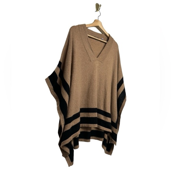 CULLEN 100% Cashmere Striped Poncho Tan Black OS - Picture 6 of 10